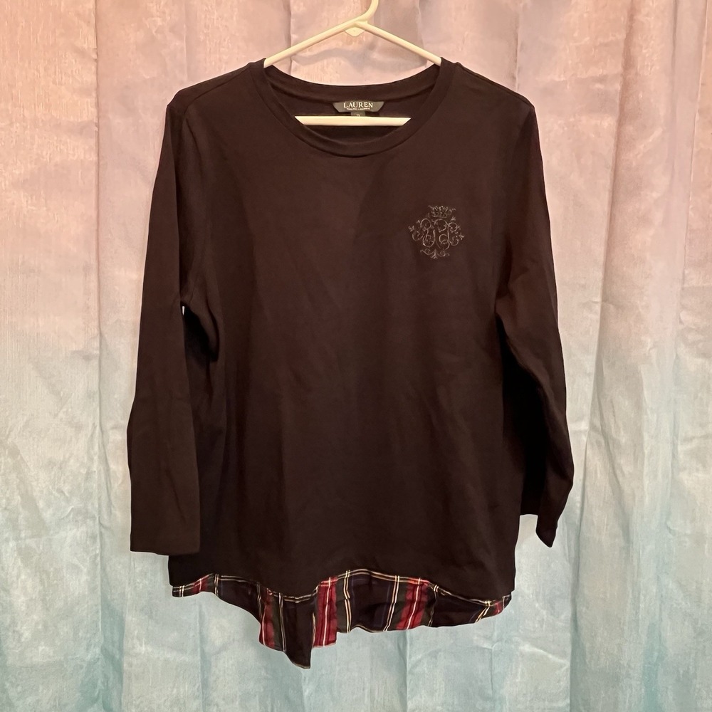 Lauren Ralph Lauren Jeweled Monogram Blouse XL Blk/Plaid Hem Academia